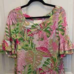 Pappagallo Pink Green Tropical Palm Print Ruffle Bell Sleeve Shift Dress Medium